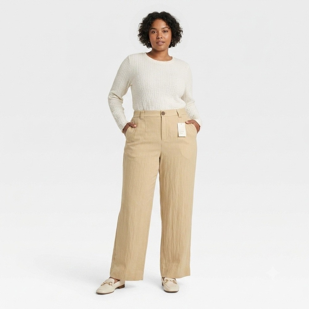 A New Day Women Beige High-Rise Pleated Wide Leg Pants Size 8 NWT 018102000